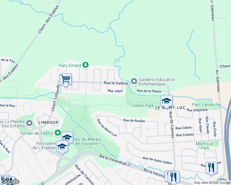 map of restaurants, bars, coffee shops, grocery stores, and more near 50 Rue Jobin in Gatineau