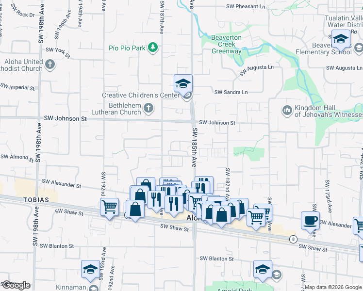 map of restaurants, bars, coffee shops, grocery stores, and more near 18505 Southwest Stubblefield Way in Aloha