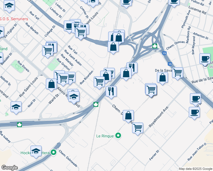 map of restaurants, bars, coffee shops, grocery stores, and more near 5565 Chemin de la Côte de Liesse in Montréal