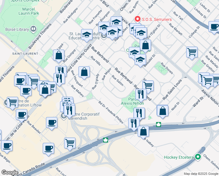 map of restaurants, bars, coffee shops, grocery stores, and more near 2710 Rue Major in Montréal
