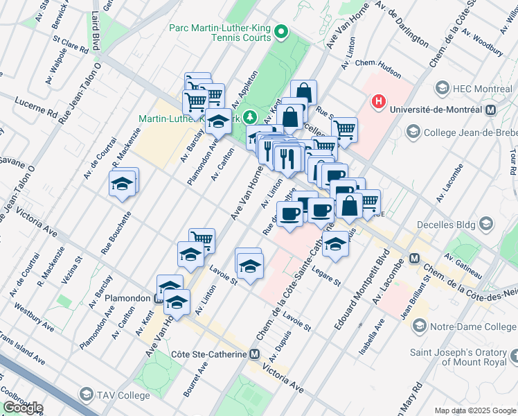 map of restaurants, bars, coffee shops, grocery stores, and more near 3881 Avenue Linton in Montreal