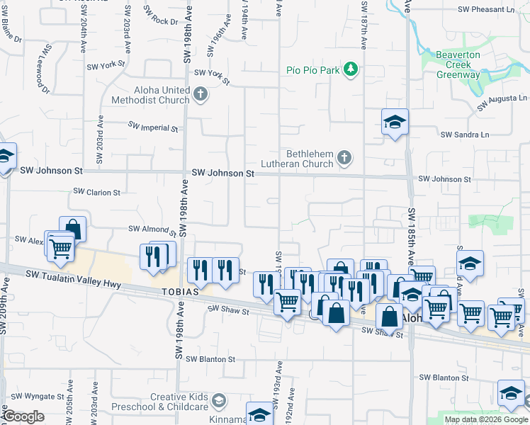 map of restaurants, bars, coffee shops, grocery stores, and more near 2785 Southwest 192nd Avenue in Aloha