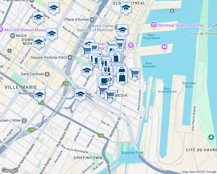 map of restaurants, bars, coffee shops, grocery stores, and more near 693 Rue William in Montréal