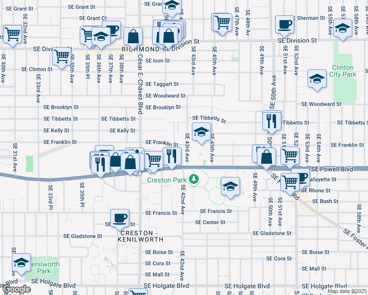 map of restaurants, bars, coffee shops, grocery stores, and more near 3215 Southeast 43rd Avenue in Portland