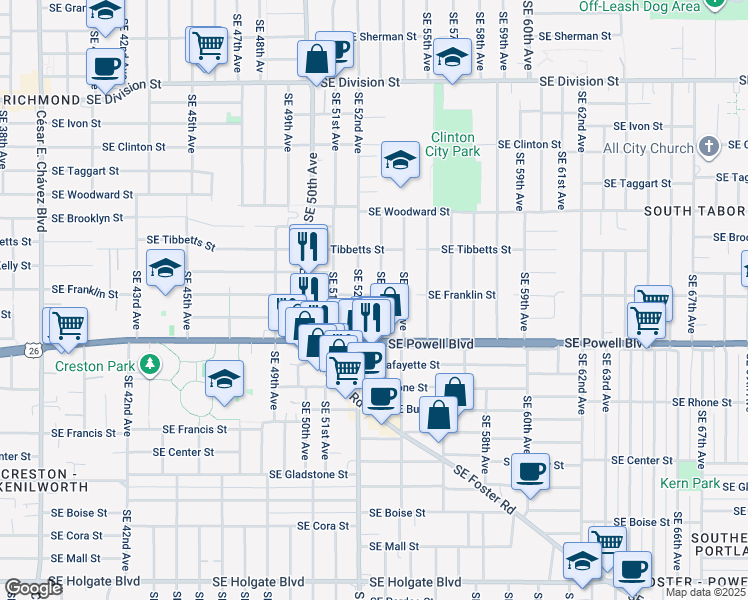 map of restaurants, bars, coffee shops, grocery stores, and more near 3215 Southeast 53rd Avenue in Portland
