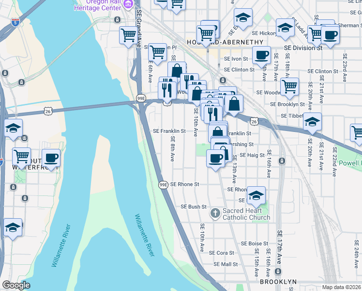 map of restaurants, bars, coffee shops, grocery stores, and more near 908 Southeast Franklin Street in Portland
