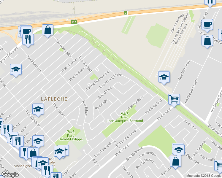 map of restaurants, bars, coffee shops, grocery stores, and more near 1276 Rue Girard in Longueuil