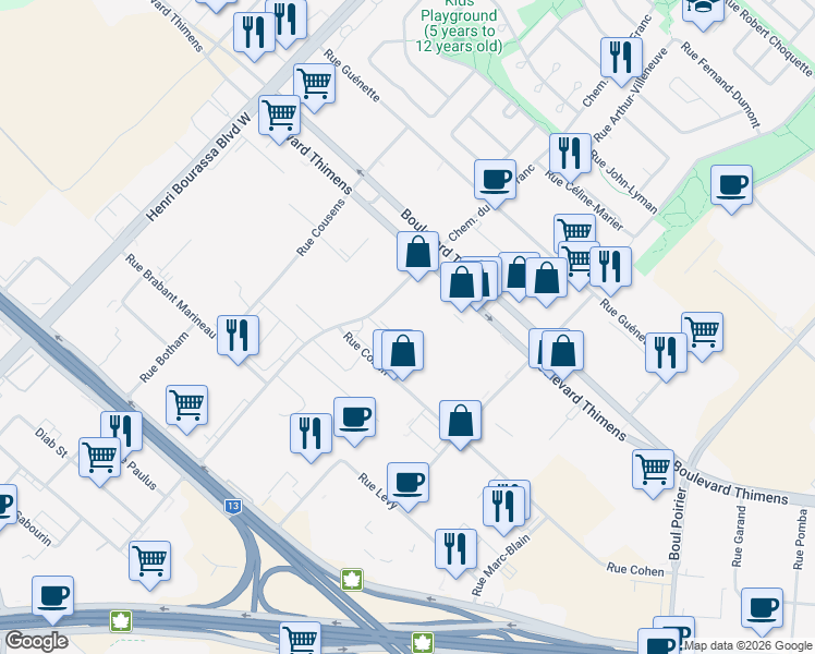map of restaurants, bars, coffee shops, grocery stores, and more near 4500 Chemin du Bois-Franc in Montréal