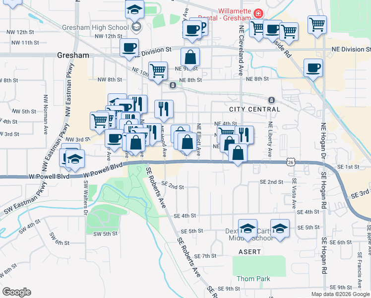 map of restaurants, bars, coffee shops, grocery stores, and more near 492 Northeast 2nd Street in Gresham