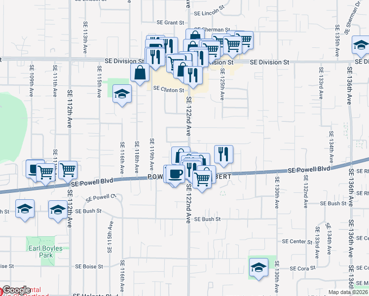 map of restaurants, bars, coffee shops, grocery stores, and more near 3109 Southeast 122nd Avenue in Portland