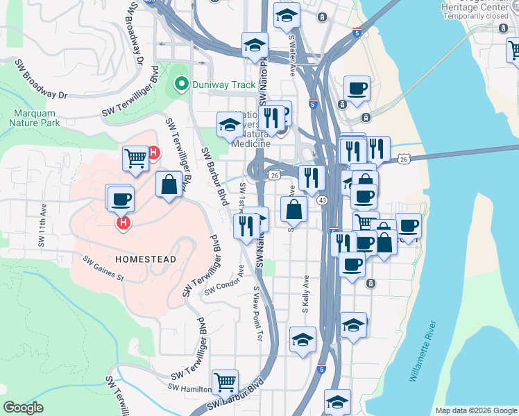 map of restaurants, bars, coffee shops, grocery stores, and more near 3409 Highway 10 in Portland