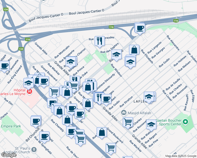 map of restaurants, bars, coffee shops, grocery stores, and more near Rue King in Longueuil