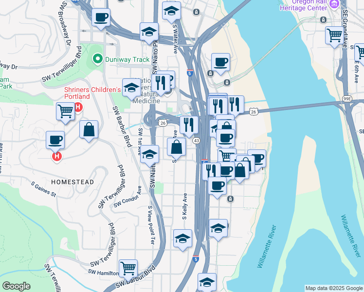 map of restaurants, bars, coffee shops, grocery stores, and more near 0223 Southwest Whitaker Street in Portland