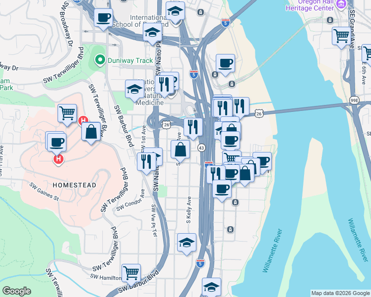 map of restaurants, bars, coffee shops, grocery stores, and more near 223 South Whitaker Street in Portland