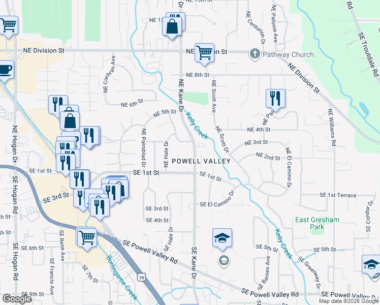 map of restaurants, bars, coffee shops, grocery stores, and more near 252 Northeast Kane Drive in Gresham