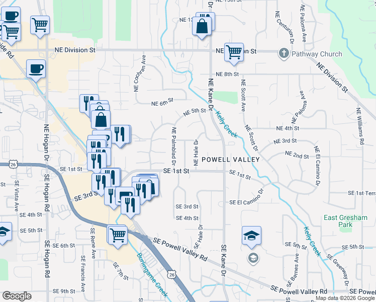 map of restaurants, bars, coffee shops, grocery stores, and more near 3085 Northeast 3rd Street in Gresham