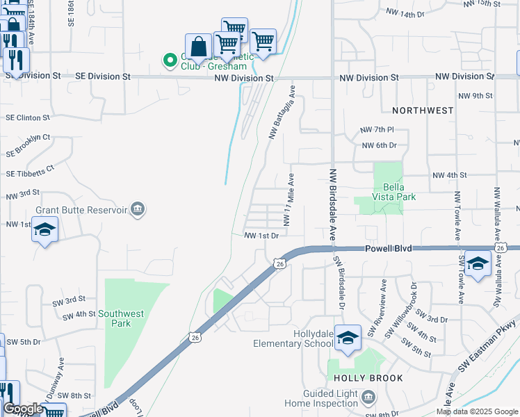 map of restaurants, bars, coffee shops, grocery stores, and more near 379 Northwest Battaglia Avenue in Gresham