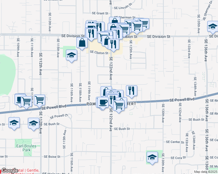 map of restaurants, bars, coffee shops, grocery stores, and more near 3109 Southeast 122nd Avenue in Portland