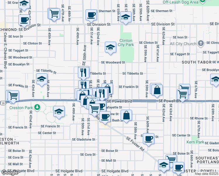 map of restaurants, bars, coffee shops, grocery stores, and more near 3212 Southeast 54th Avenue in Portland