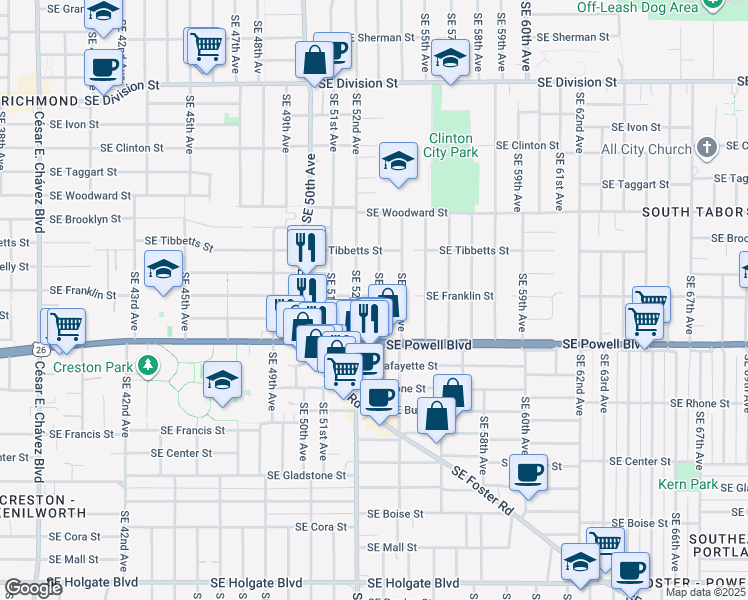 map of restaurants, bars, coffee shops, grocery stores, and more near 3207 Southeast 53rd Avenue in Portland