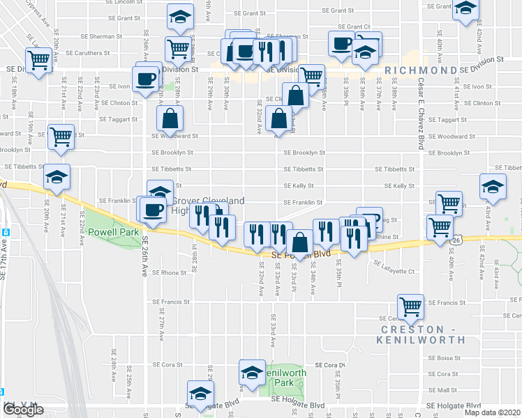map of restaurants, bars, coffee shops, grocery stores, and more near 3146 Southeast Kelly Street in Portland