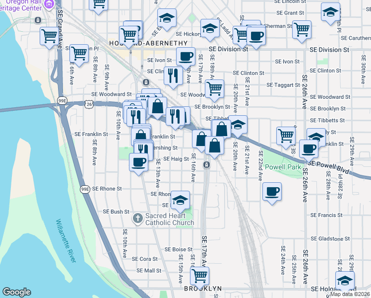 map of restaurants, bars, coffee shops, grocery stores, and more near in Portland
