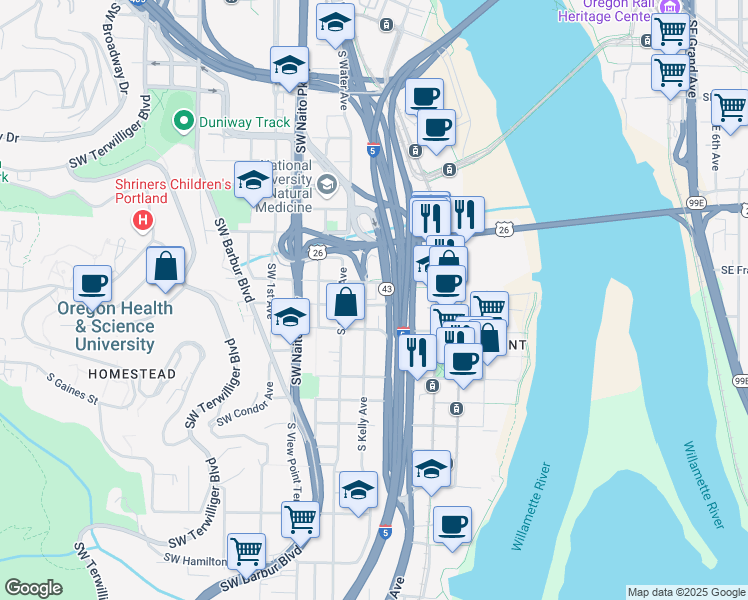 map of restaurants, bars, coffee shops, grocery stores, and more near 3236 South Kelly Avenue in Portland