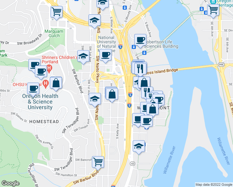 map of restaurants, bars, coffee shops, grocery stores, and more near 3236 South Kelly Avenue in Portland