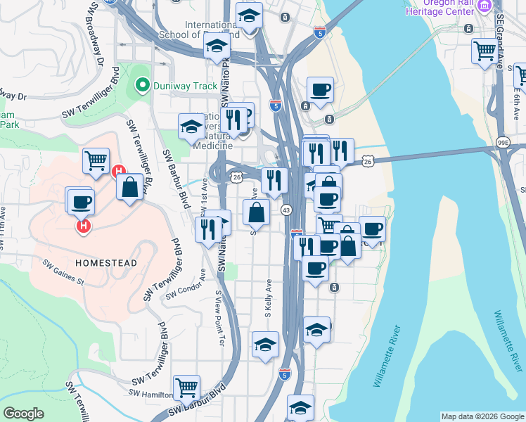 map of restaurants, bars, coffee shops, grocery stores, and more near 3239 South Corbett Avenue in Portland