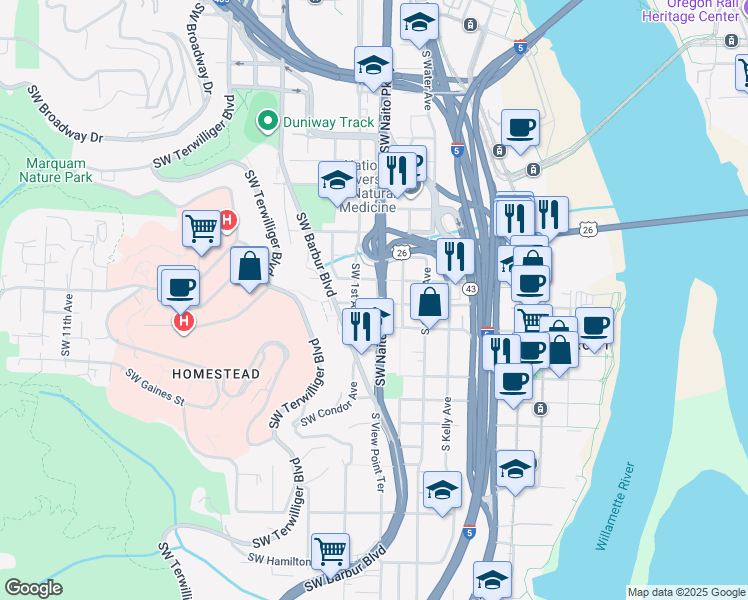 map of restaurants, bars, coffee shops, grocery stores, and more near 15 South Gibbs Street in Portland