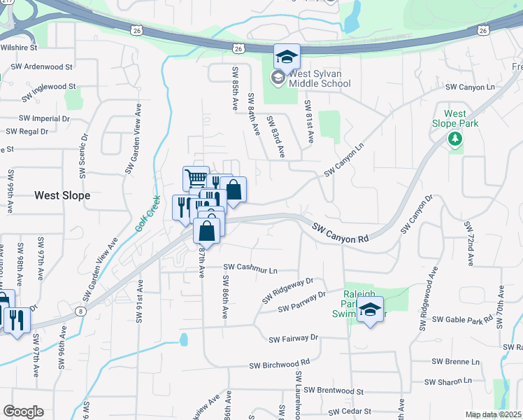 map of restaurants, bars, coffee shops, grocery stores, and more near 8401 Southwest Canyon Lane in Portland