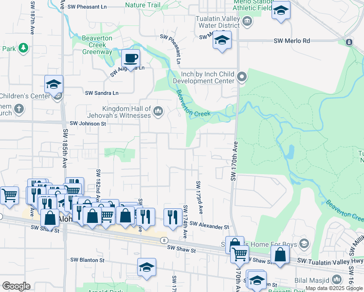 map of restaurants, bars, coffee shops, grocery stores, and more near 17550 Southwest Johnson Street in Beaverton