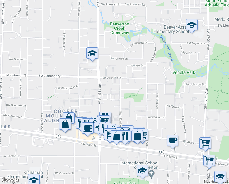 map of restaurants, bars, coffee shops, grocery stores, and more near 18268 Southwest Bergs Court in Beaverton