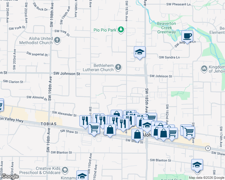 map of restaurants, bars, coffee shops, grocery stores, and more near 18996 Southwest Johnson Street in Beaverton