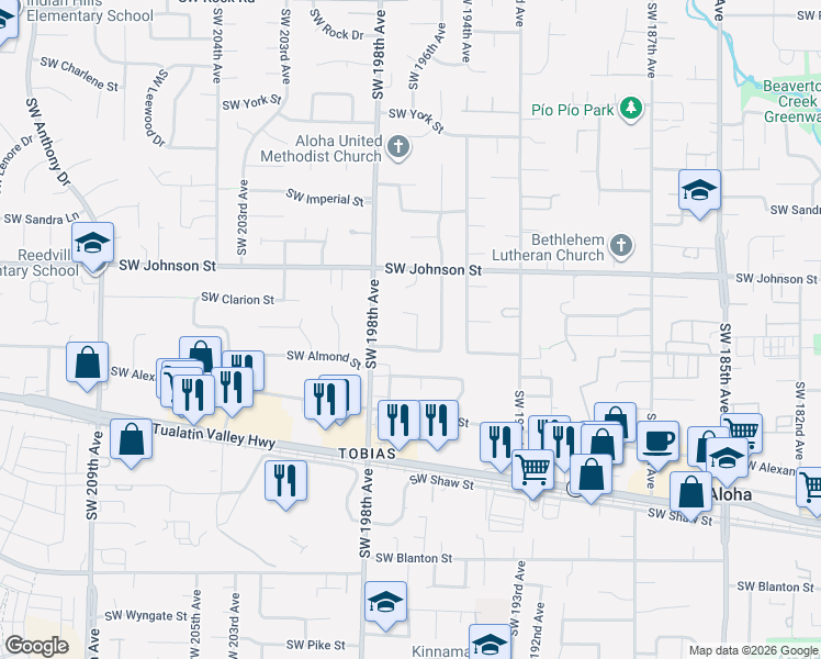 map of restaurants, bars, coffee shops, grocery stores, and more near 2832 Southwest 196th Avenue in Aloha