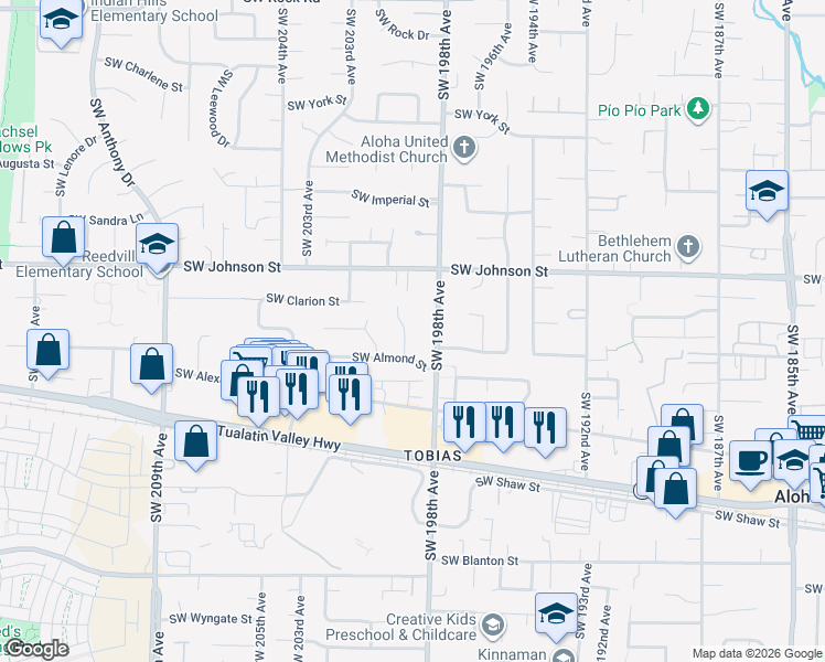 map of restaurants, bars, coffee shops, grocery stores, and more near 2805 Southwest 198th Avenue in Aloha