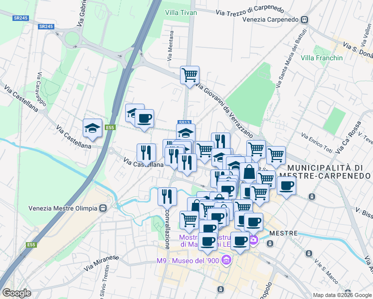 map of restaurants, bars, coffee shops, grocery stores, and more near 1 Via Bruno Nao in Venezia