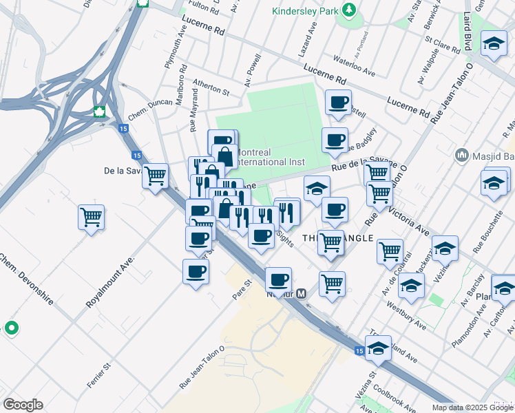 map of restaurants, bars, coffee shops, grocery stores, and more near 7875 Avenue Mountain Sights in Montréal