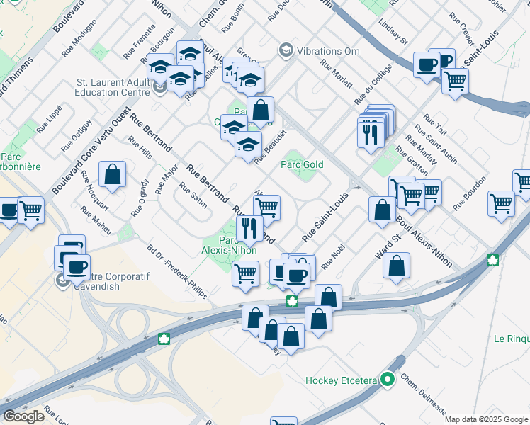 map of restaurants, bars, coffee shops, grocery stores, and more near 2440 Rue Mcnulty in Montréal
