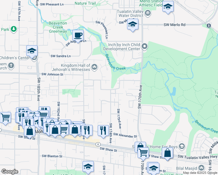 map of restaurants, bars, coffee shops, grocery stores, and more near 17550 Southwest Johnson Street in Beaverton