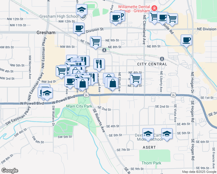 map of restaurants, bars, coffee shops, grocery stores, and more near 488 Northeast 3rd Street in Gresham