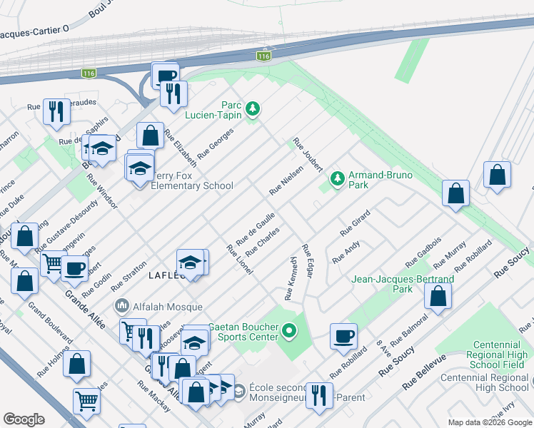 map of restaurants, bars, coffee shops, grocery stores, and more near 1453 Rue de Gaulle in Longueuil