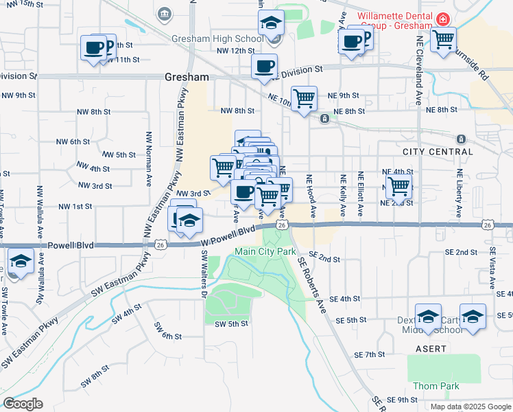 map of restaurants, bars, coffee shops, grocery stores, and more near 229 North Main Avenue in Gresham
