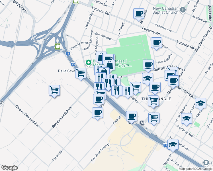 map of restaurants, bars, coffee shops, grocery stores, and more near 5200 Rue de la Savane in Montréal