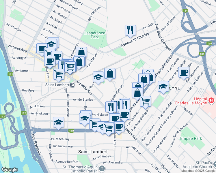 map of restaurants, bars, coffee shops, grocery stores, and more near 840 Avenue Notre-Dame in Saint-Lambert