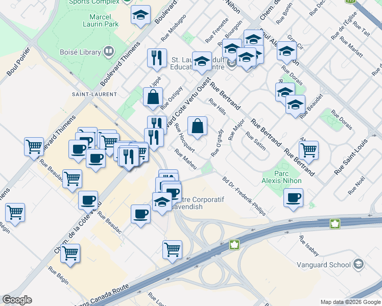 map of restaurants, bars, coffee shops, grocery stores, and more near 916 Rue Hocquart in Montréal