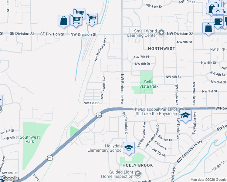 map of restaurants, bars, coffee shops, grocery stores, and more near 2360 Northwest 3rd Street in Gresham