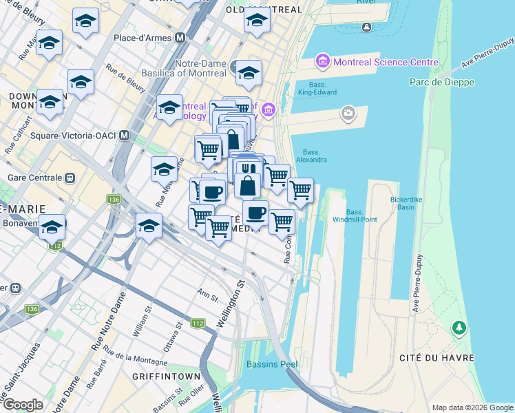 map of restaurants, bars, coffee shops, grocery stores, and more near 90 Rue des Soeurs Grises in Montréal