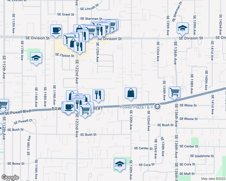 map of restaurants, bars, coffee shops, grocery stores, and more near 12717 Southeast Kelly Street in Portland