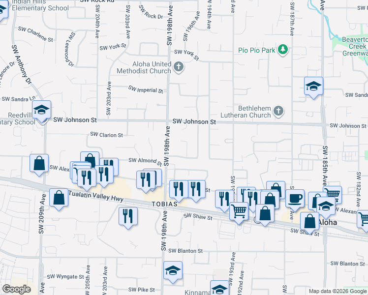 map of restaurants, bars, coffee shops, grocery stores, and more near 2832 Southwest 196th Avenue in Aloha
